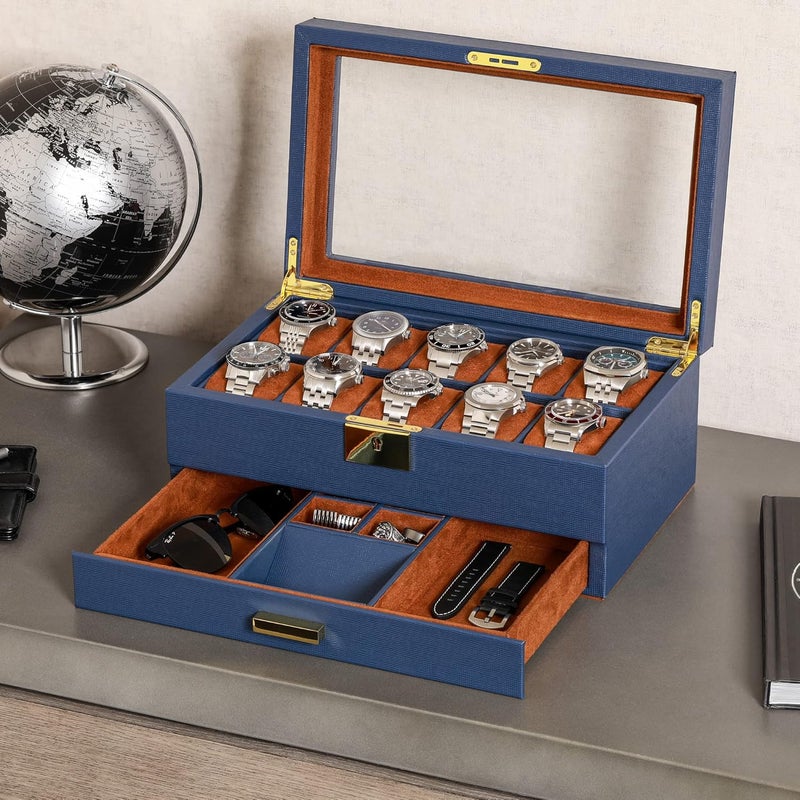 ROTHWELL 10-Slot Watch Box in Leather with Valet Drawer, Luxury Watch Case Display Organizer with Ultra Soft Microsuede Liner, Jewelry and Sunglass Holder With Large Glass top (Blue/Tan) - Image 3
